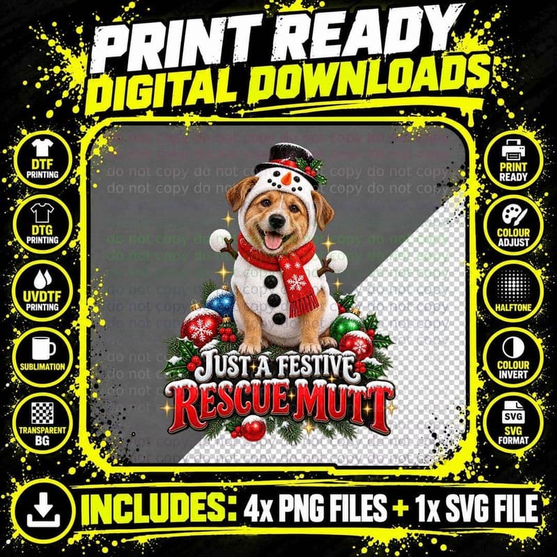 Christmas Rescue Mutt Dog Snowman Festive Holiday Funny Png SVG Digital Bundle