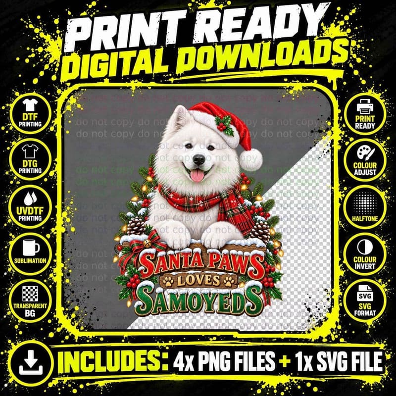 Christmas Samoyed Dog Santa Festive Pet Lover Winter Png SVG Digital Bundle