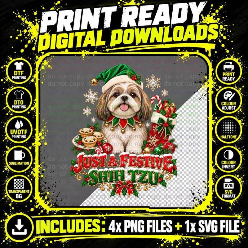 Christmas Shih Tzu Funny Dog Lover Elf Holiday Festive Png SVG Digital Bundle