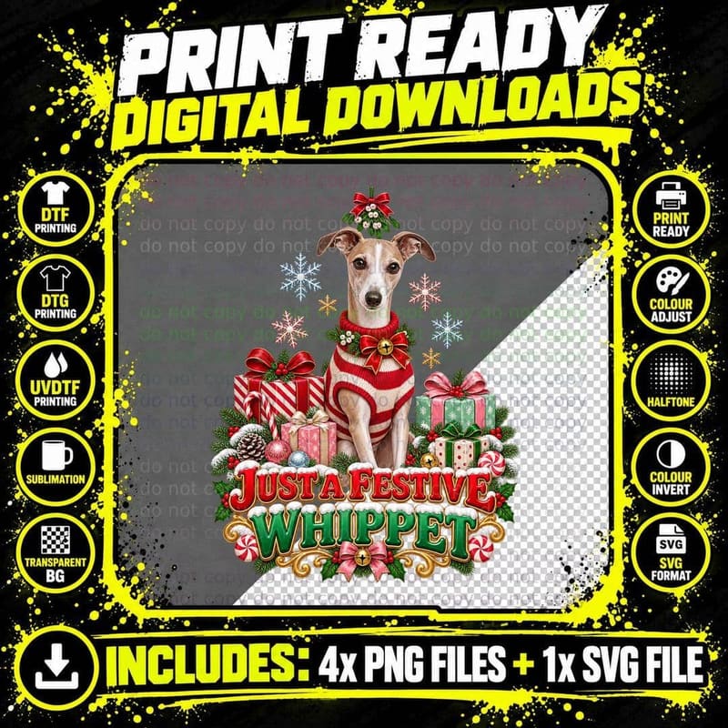 Christmas Whippet Funny Dog Lover Candy Cane Holiday Png SVG Digital Bundle