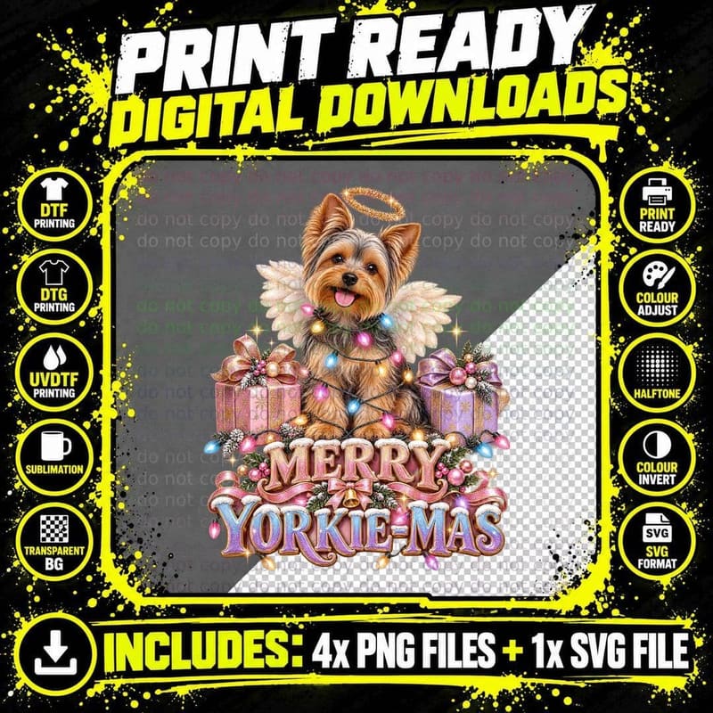 Christmas Yorkshire Terrier Dog Merry Yorkie-Mas Festive Png SVG Digital Bundle