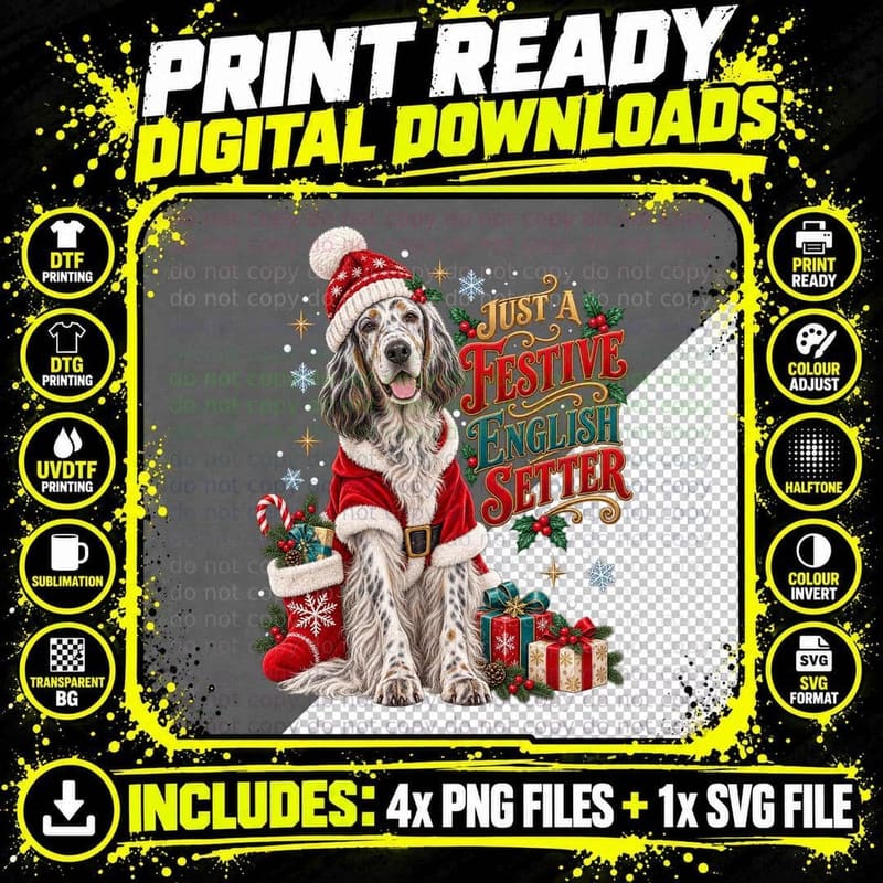 English Setter Christmas Santa Dog Snow Candy Cane Png SVG Digital Bundle
