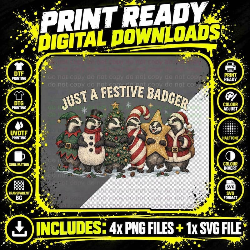 Just A Festive Badger Gang Elf Snowman Santa Costumes Woodland Xmas T-Shirt Png SVG Digital Bundle
