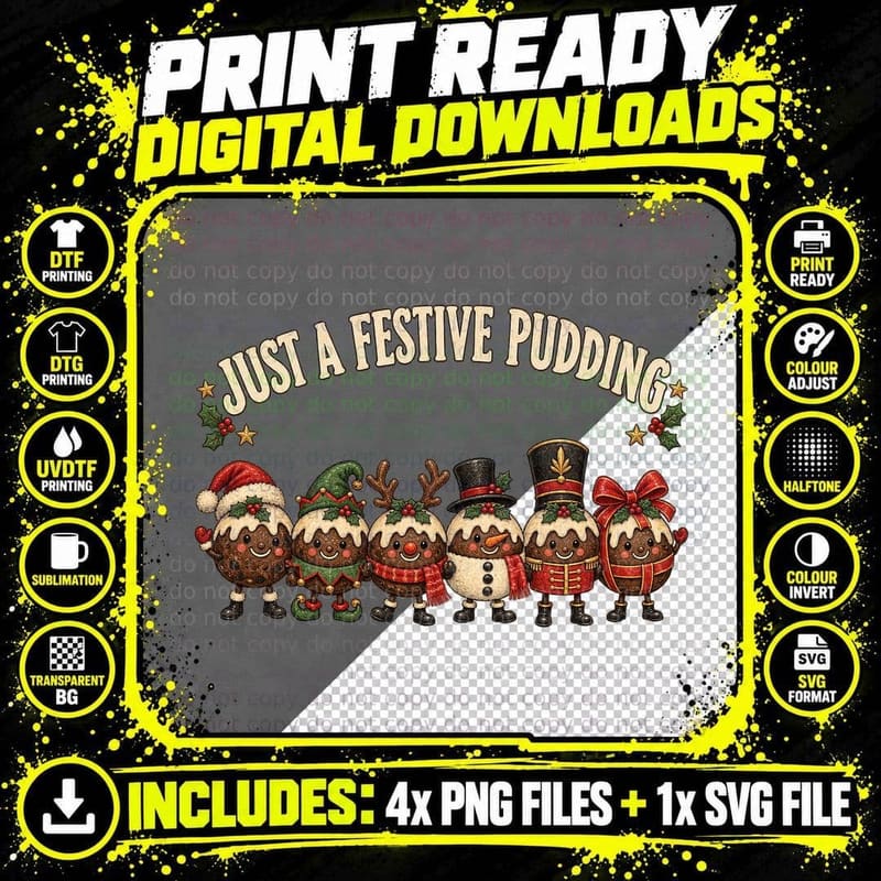 Just A Festive Pudding Cute Christmas Puds Santa Elf Snowman Soldier T-Shirt Png SVG Digital Bundle