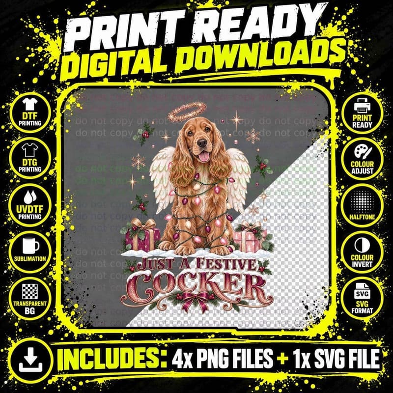 Festive Cocker Cocker Spaniel Christmas Angel Dog Png SVG Digital Bundle