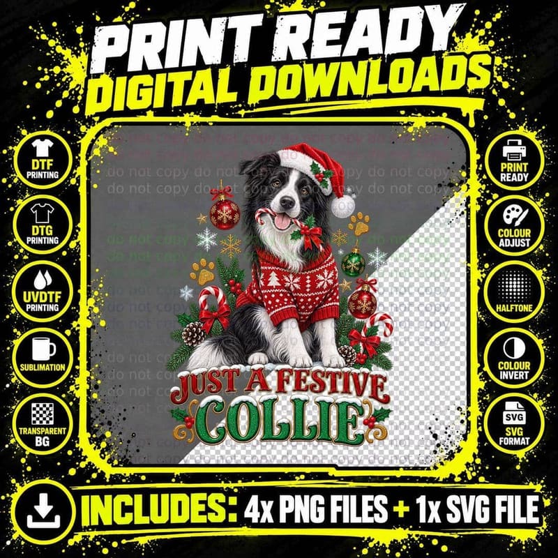 Festive Collie Border Collie Christmas Candy Cane Ugly Png SVG Digital Bundle