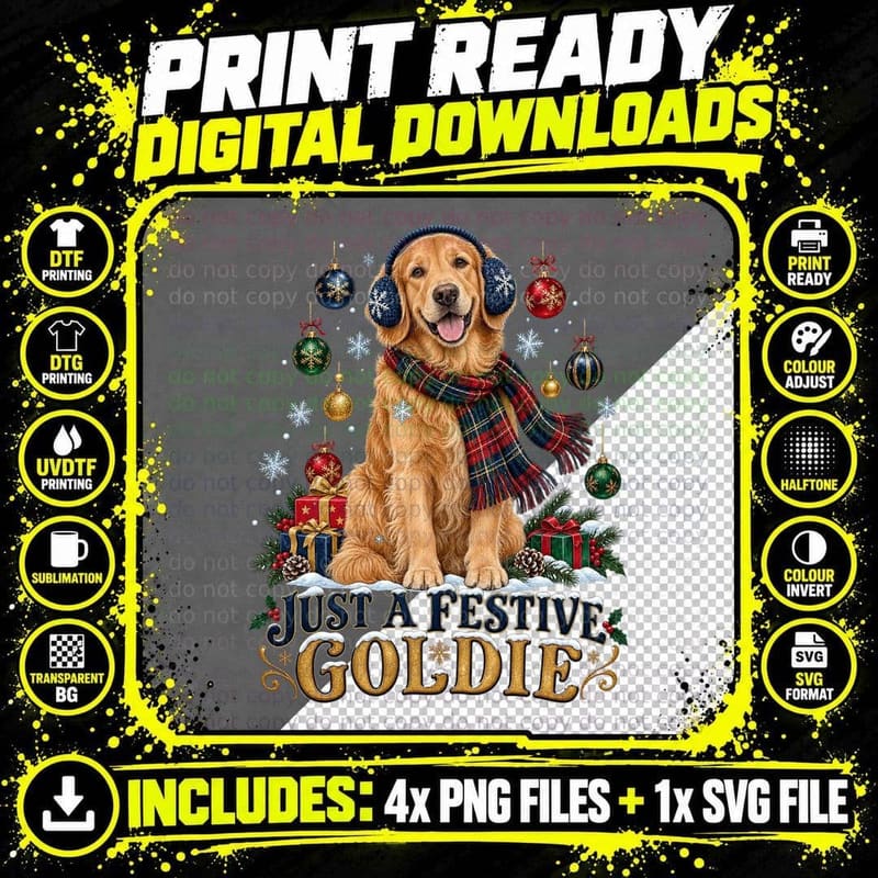 Festive Goldie Golden Retriever Christmas Dog Watercolor Png SVG Digital Bundle