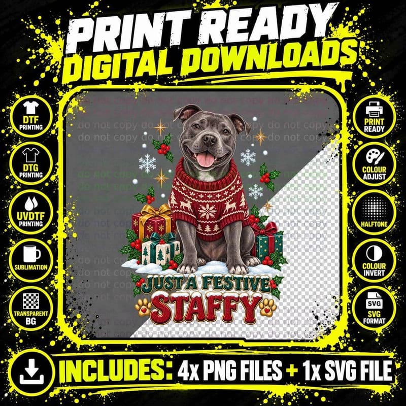 Festive Staffy Staffordshire Bull Terrier Christmas Ugly Png SVG Digital Bundle