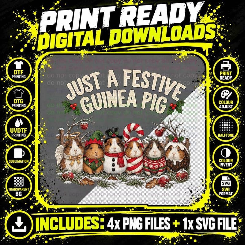 Just A Festive Guinea Pig Cavies Angel Elf Snowman Christmas Pet T-Shirt Png SVG Digital Bundle