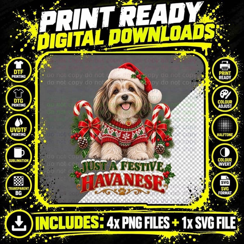 Havanese Christmas Ugly Sweater Candy Cane Funny Holiday Png SVG Digital Bundle
