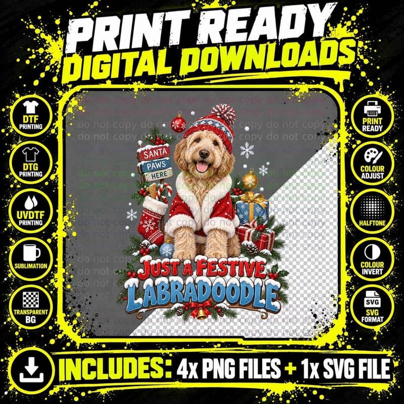 Labradoodle Christmas Santa Dog Festive Holiday Snow Png SVG Digital Bundle