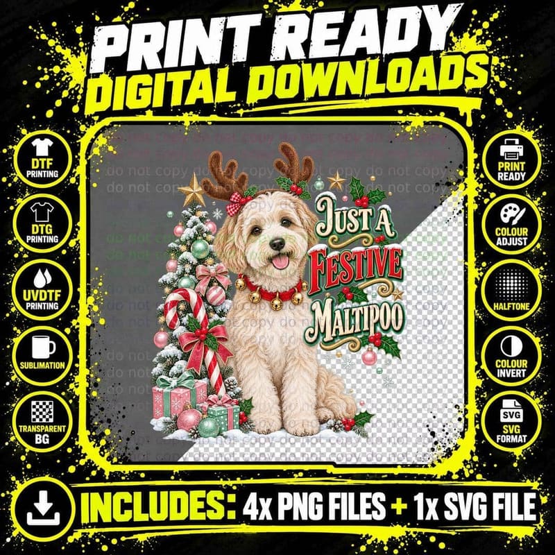 Maltipoo Christmas Reindeer Dog Candy Cane Snowy Tree Png SVG Digital Bundle