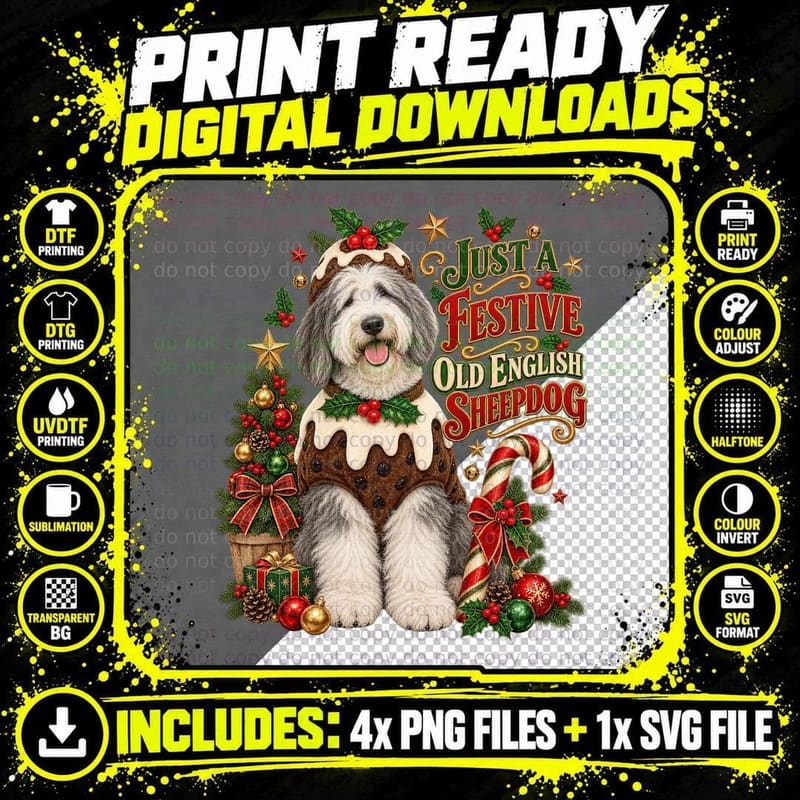 Old English Sheepdog Christmas Pudding Dog Festive Png SVG Digital Bundle