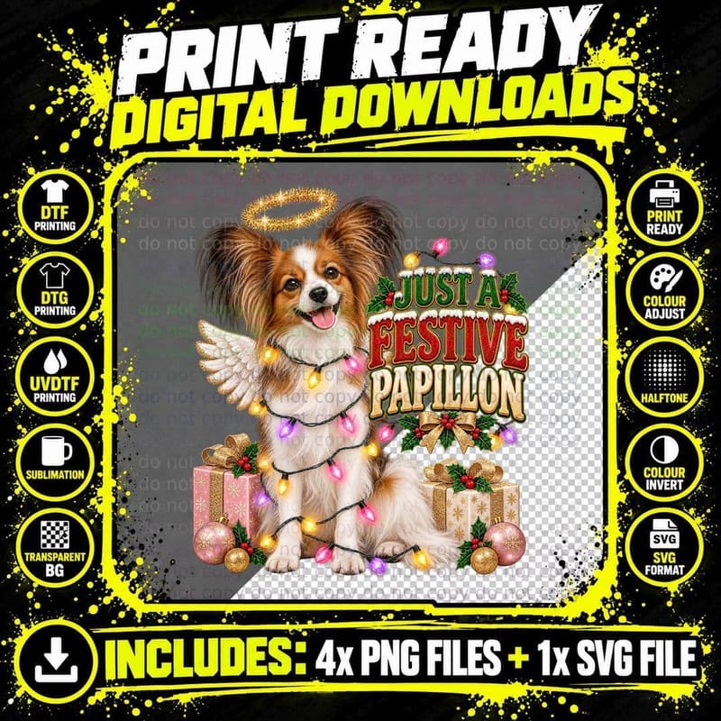 Papillon Christmas Angel Funny Holiday Dog Lover Festive Png SVG Digital Bundle