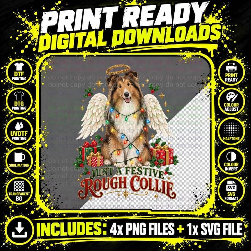 Rough Collie Christmas Angel Dog Fairy Lights Festive Png SVG Digital Bundle