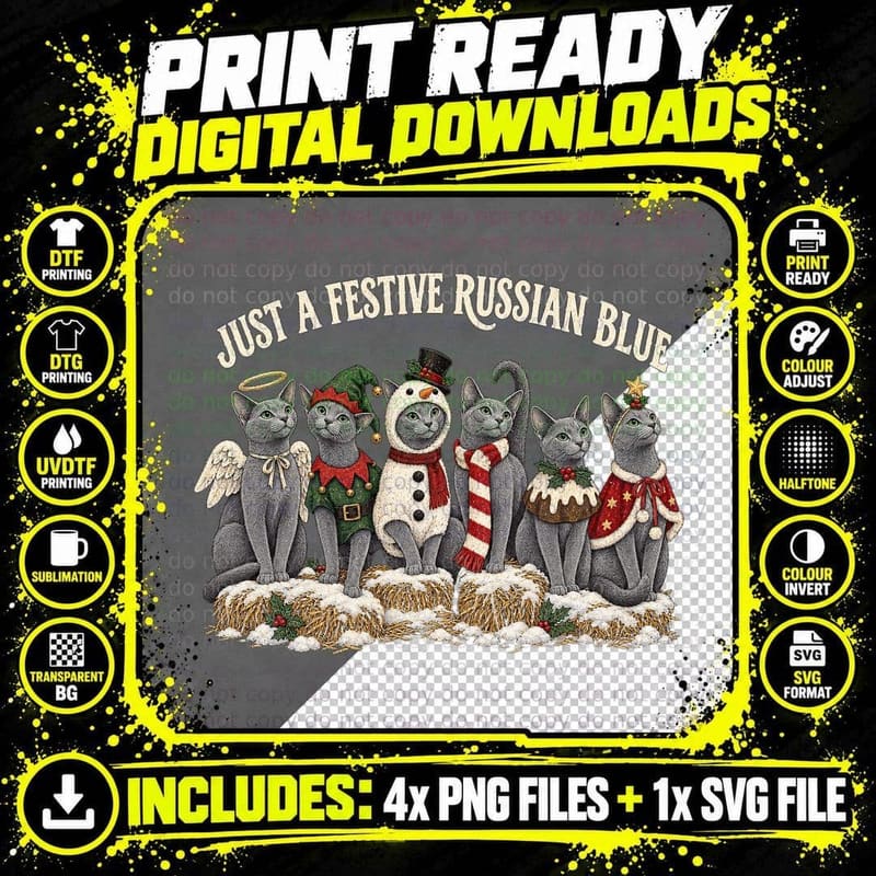 Just A Festive Russian Blue Grey Cats Angel Elf Snowman Christmas T-Shirt Png SVG Digital Bundle