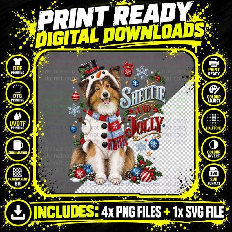 Shetland Sheepdog Christmas Sheltie and Jolly Snowman Png SVG Digital Bundle