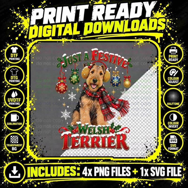 Welsh Terrier Christmas Tartan Scarf Funny Dog Snowflake Png SVG Digital Bundle