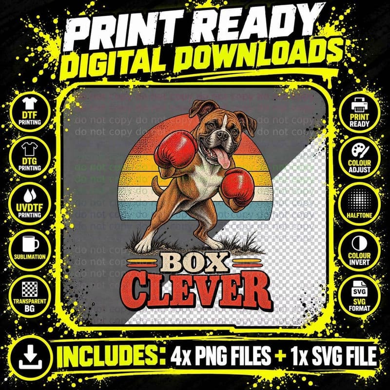 Boxer Dog Box Clever Red Boxing Gloves Funny Pun Retro Sunset Owner T-Shirt Png SVG Digital Bundle