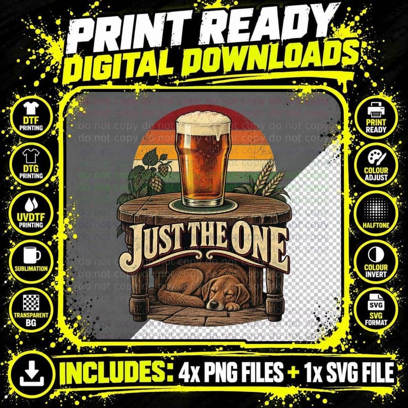 Just The One Pint Of Beer Sleeping Dog Pub Table Funny Drinking Retro T-Shirt Png SVG Digital Bundle
