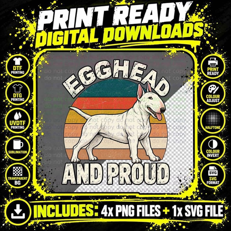 Bull Terrier Egghead And Proud Funny English Dog Lover Retro Sunset T-Shirt Png SVG Digital Bundle