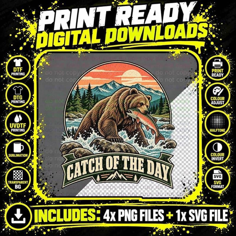 Catch Of The Day Grizzly Brown Bear Salmon River Mountains Vintage T-Shirt Png SVG Digital Bundle