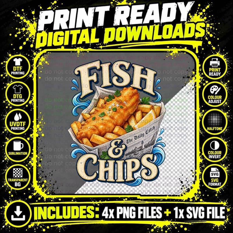 Fish And Chips Battered Cod Newspaper Wrap Lemon Seaside Chippy British T-Shirt Png SVG Digital Bundle