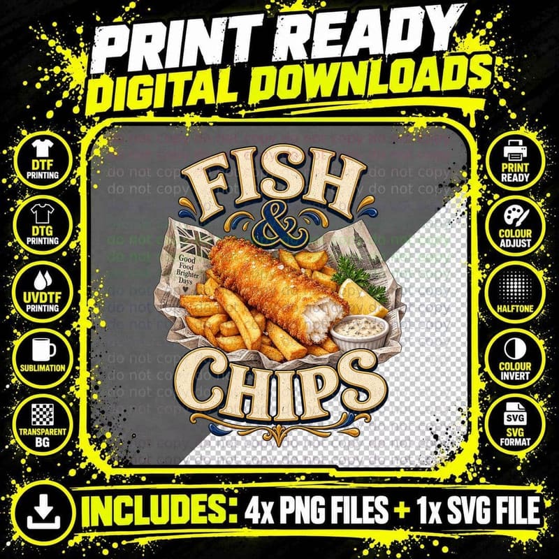 Fish And Chips Union Jack Paper Tartare Sauce Friday Night Chippy Tea T-Shirt Png SVG Digital Bundle