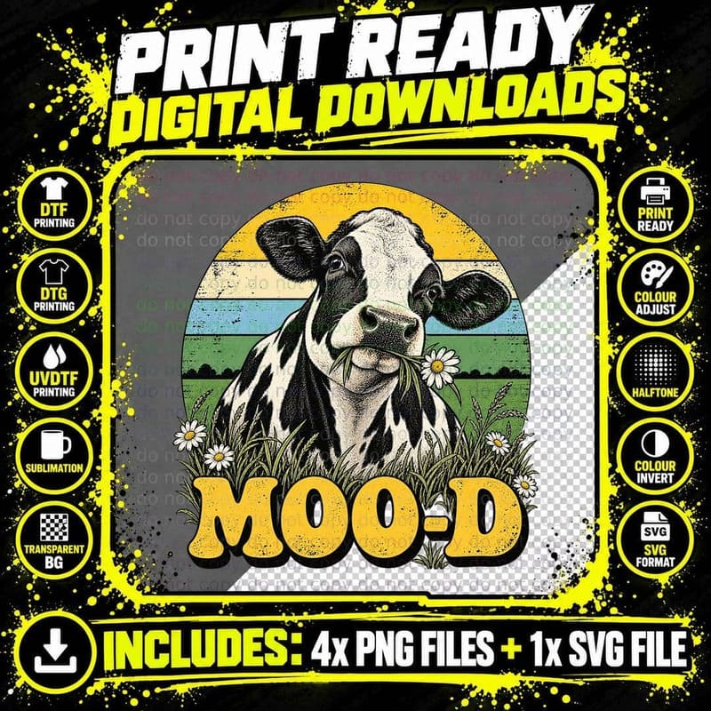 Friesian Cow Moo-D Funny Pun Daisy Black White Farm Animal Retro Sunset T-Shirt Png SVG Digital Bundle
