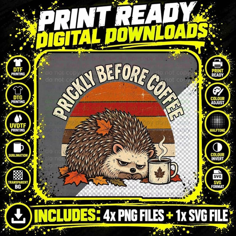 Funny Hedgehog Coffee Retro Prickly Before Coffee Animal Png SVG Digital Bundle