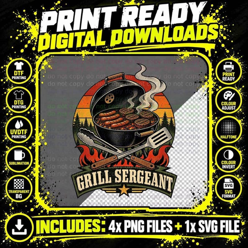 Grill Sergeant BBQ Grilling Dad Funny Barbecue Burgers Retro Sunset T-Shirt Png SVG Digital Bundle