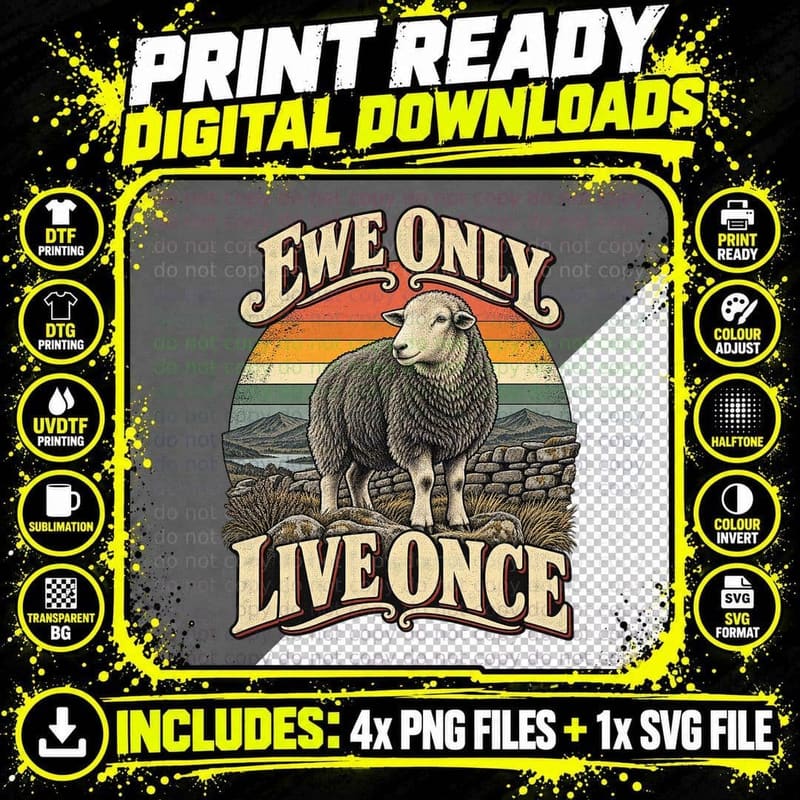 Ewe Only Live Once Herdwick Sheep Lake District Funny Farm Retro Sunset T-Shirt Png SVG Digital Bundle