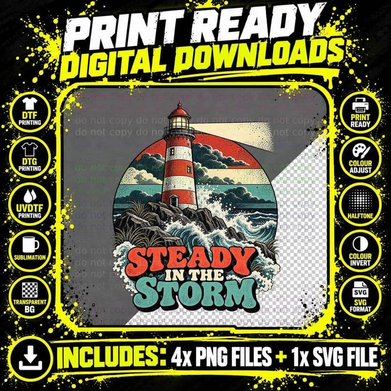 Steady In The Storm Lighthouse Crashing Waves Coastal Nautical Vintage T-Shirt Png SVG Digital Bundle