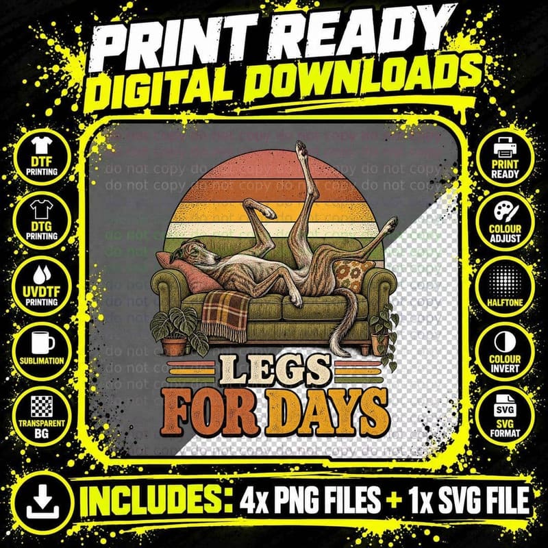 Legs For Days Lurcher Dog Upside Down On Sofa Funny Sighthound Retro T-Shirt Png SVG Digital Bundle