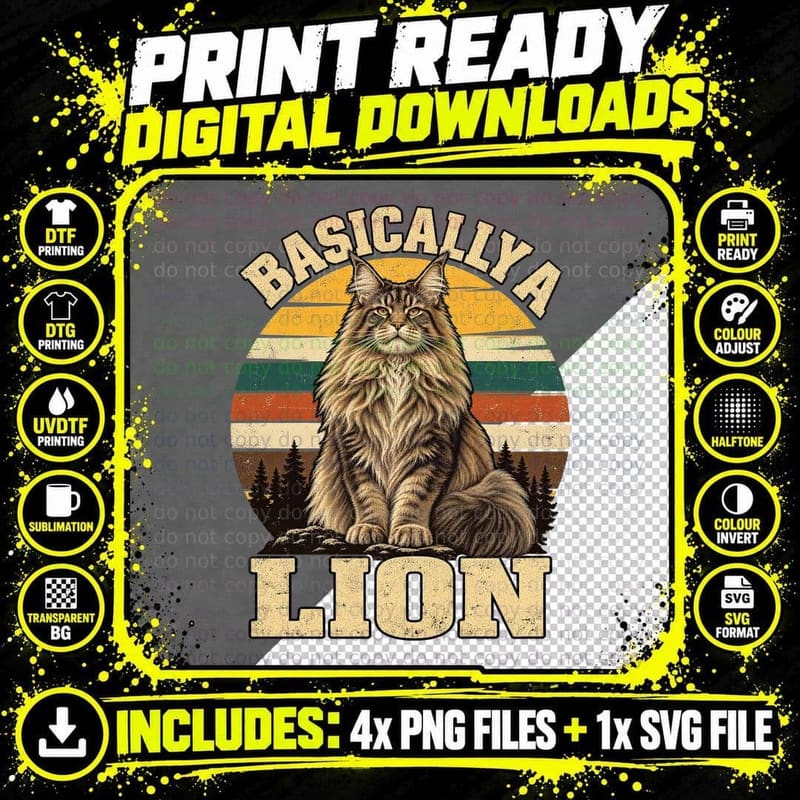 Basically A Lion Maine Coon Funny Fluffy Cat Lover Vintage Retro Sunset T-Shirt Png SVG Digital Bundle