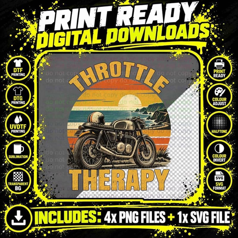 Motorcycle Cafe Racer Throttle Therapy Biker Coastal Png SVG Digital Bundle