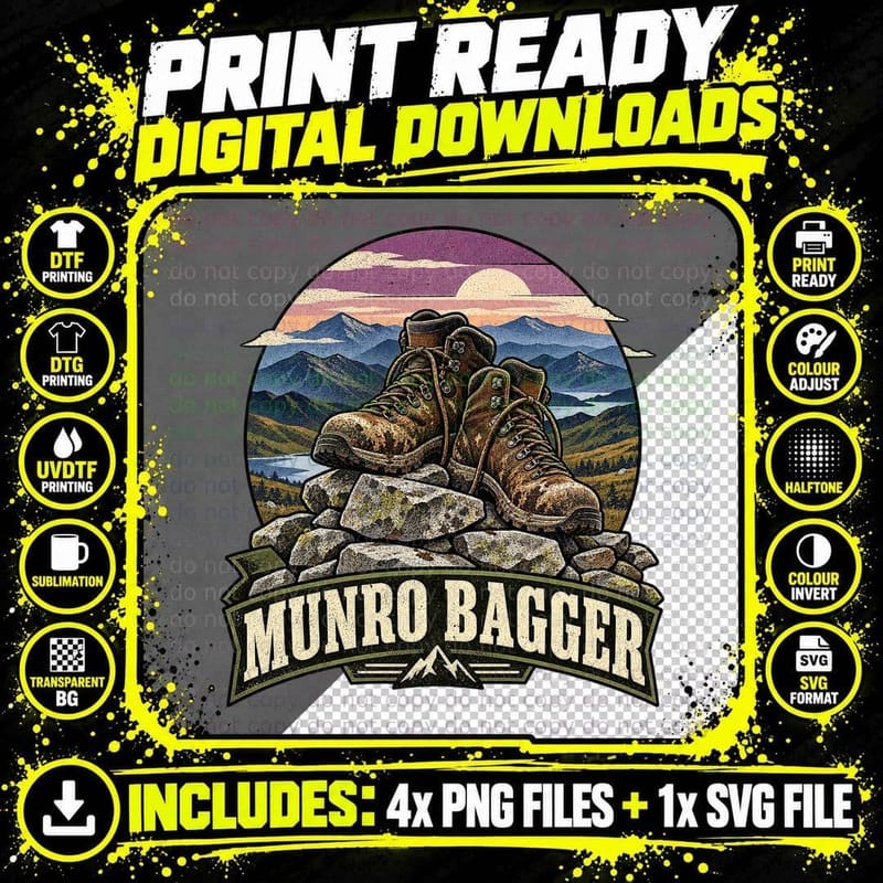 Munro Bagger Hiking Boots Scotland Mountains Hillwalking Cairn Retro T-Shirt Png SVG Digital Bundle