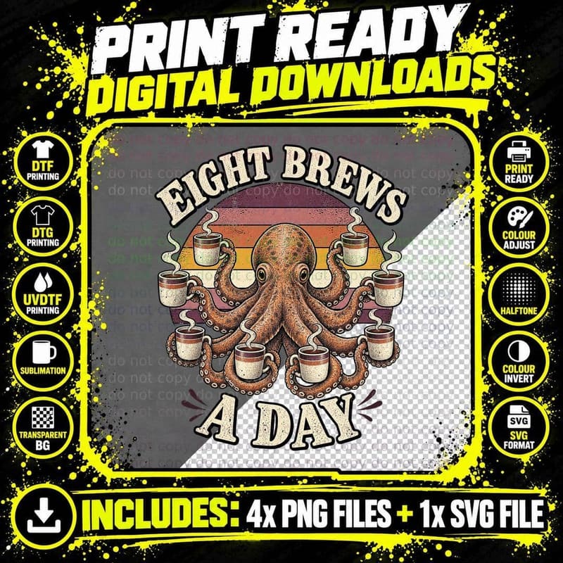 Eight Brews A Day Octopus Funny Tea Lover Cuppa Mugs Vintage Retro T-Shirt Png SVG Digital Bundle