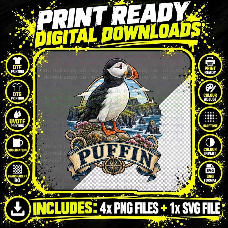 Puffin Sea Parrot Coastal Seabird Cliffs British Wildlife Vintage Retro T-Shirt Png SVG Digital Bundle