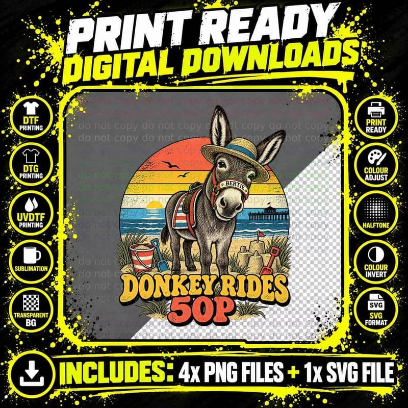 Seaside Donkey Rides 50P British Beach Holiday Retro Png SVG Digital Bundle