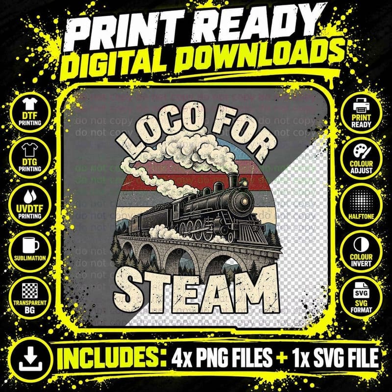 Steam Train Railway Retro Loco For Steam Trainspotter Png SVG Digital Bundle