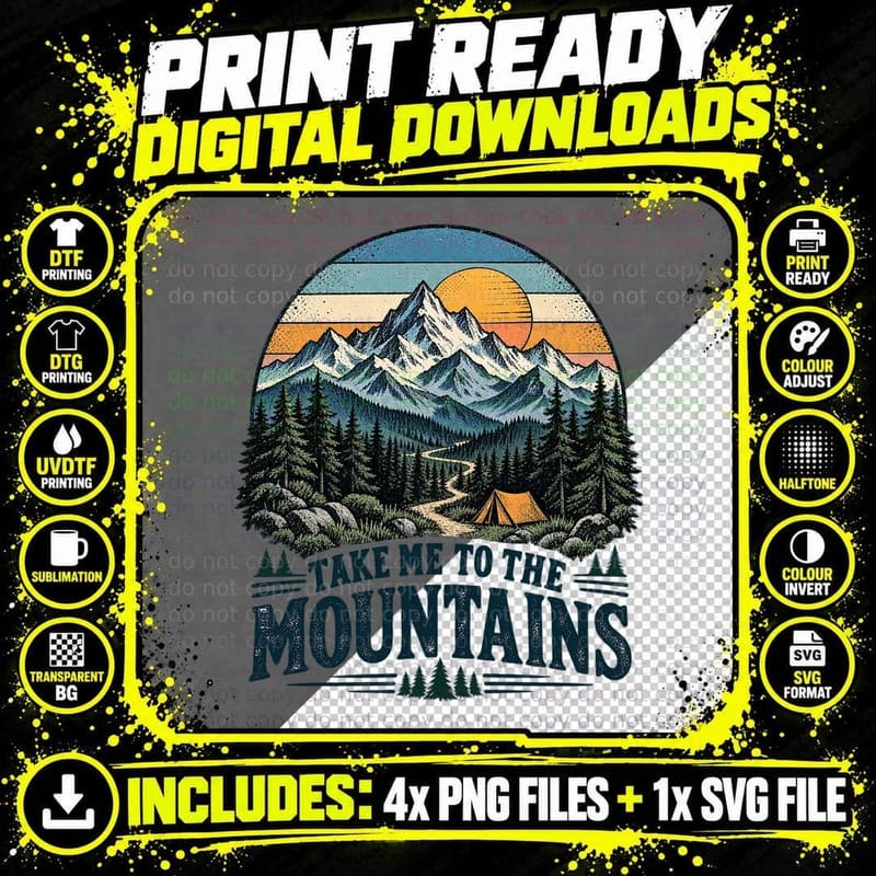 Take Me To The Mountains Hiking Camping Tent Forest Trail Vintage Retro T-Shirt Png SVG Digital Bundle