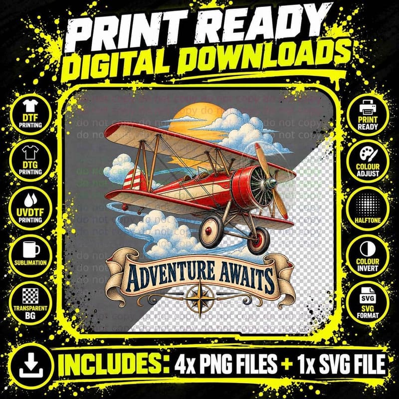 Adventure Awaits Red Vintage Biplane Aviation Pilot Flying Retro Sunset T-Shirt Png SVG Digital Bundle