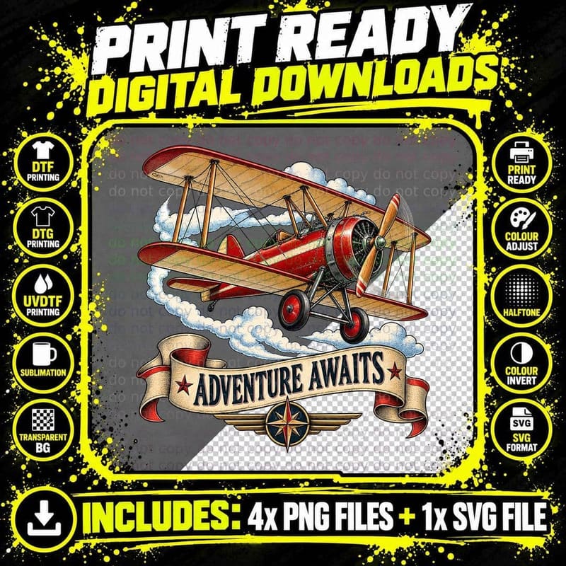 Adventure Awaits Red Biplane Above The Clouds Classic Aircraft Pilot T-Shirt Png SVG Digital Bundle