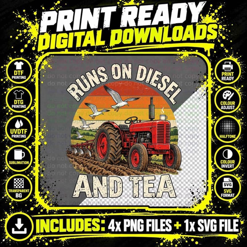 Runs On Diesel And Tea Red Vintage Tractor Farmer Ploughing Retro Sunset T-Shirt Png SVG Digital Bundle