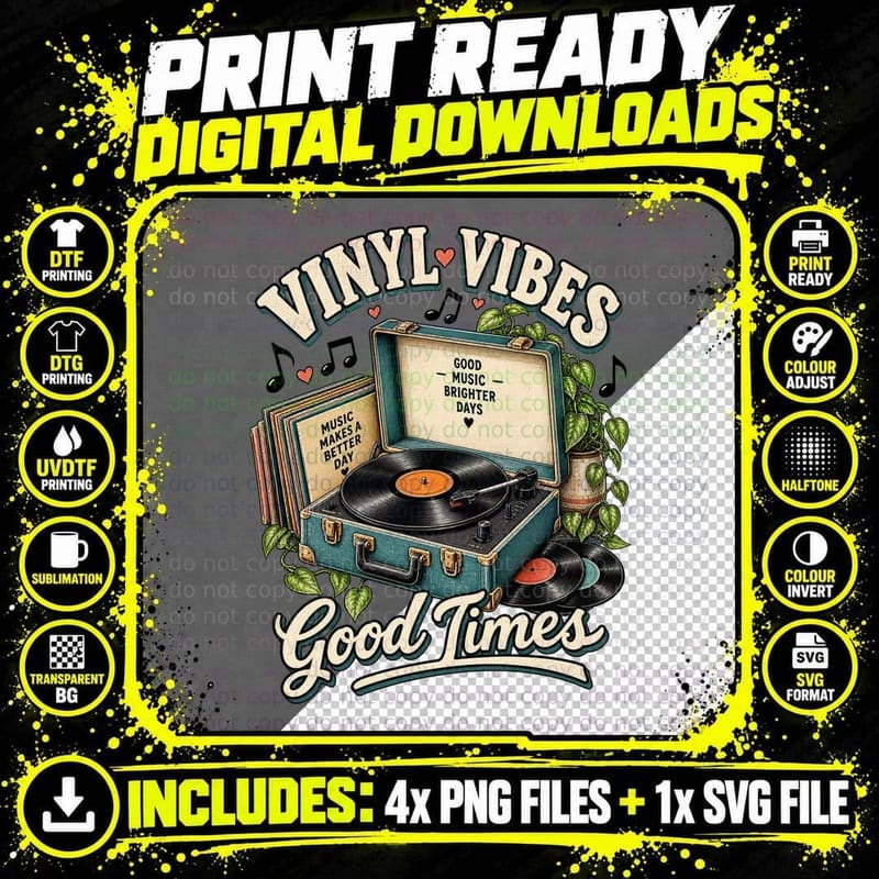 Vinyl Record Drop The Needle Retro Turntable Music Lover Png SVG Digital Bundle