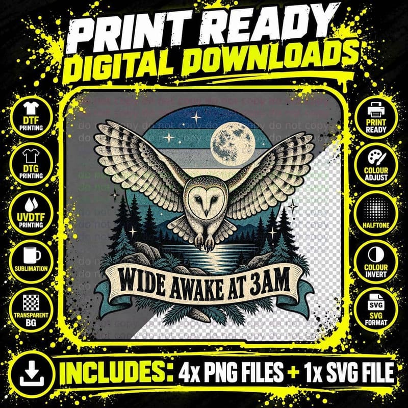 Wide Awake At 3AM Barn Owl Flying Full Moon Insomniac Funny Nature Retro T-Shirt Png SVG Digital Bundle