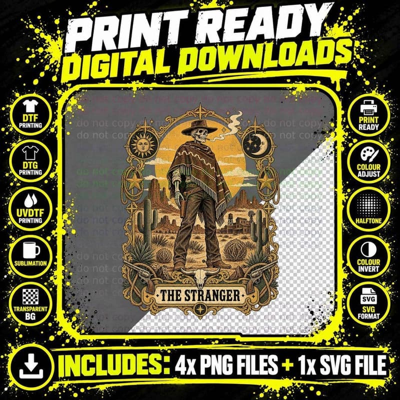 A Fistful of Dollars Vintage Tarot Card Skeleton Cowboy Png SVG Digital Bundle