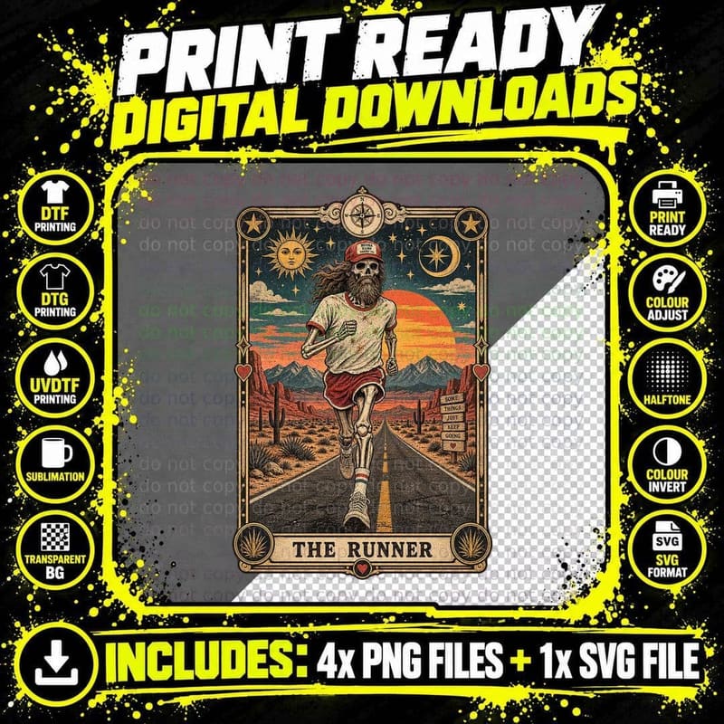 Forrest The Runner Tarot Card Skeleton Desert Highway Beard Vintage T-Shirt Png SVG Digital Bundle