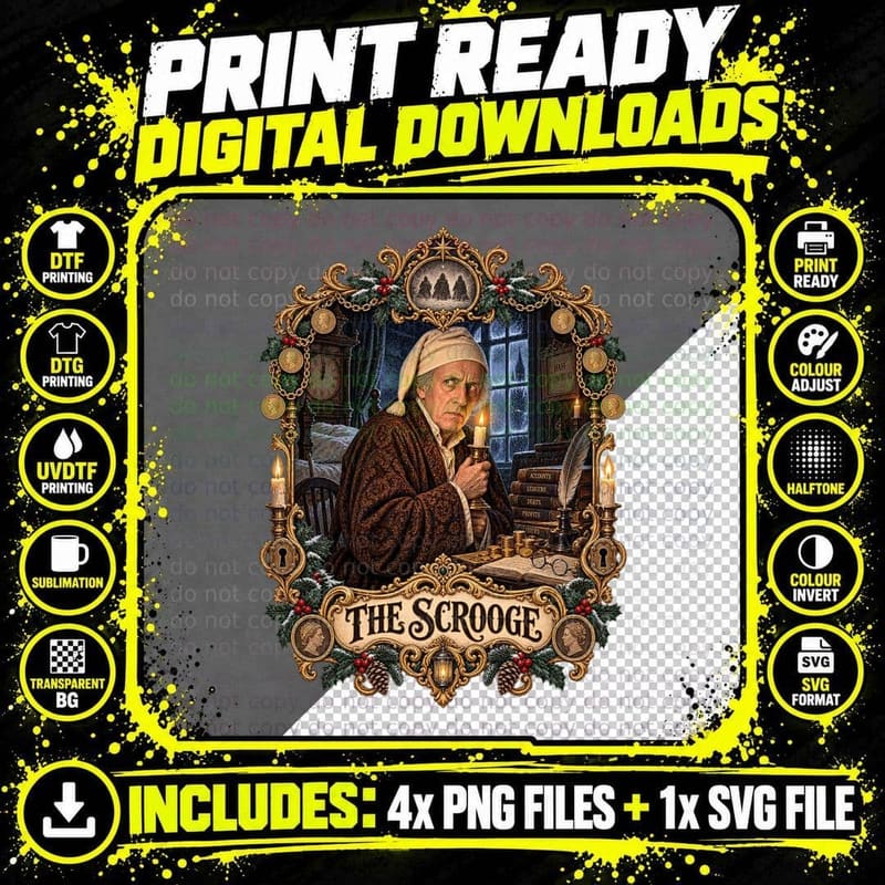 Ebenezer The Scrooge Tarot Card Victorian Christmas Carol Candle Miser T-Shirt Png SVG Digital Bundle